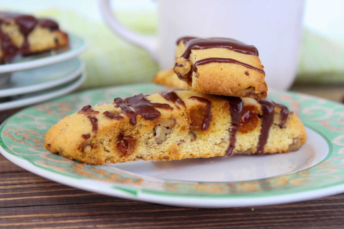 homemade turtle biscotti drizzled with chocolate