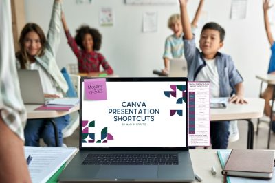 Canva presentation animation cheat sheet on a laptop at the front of a classroom