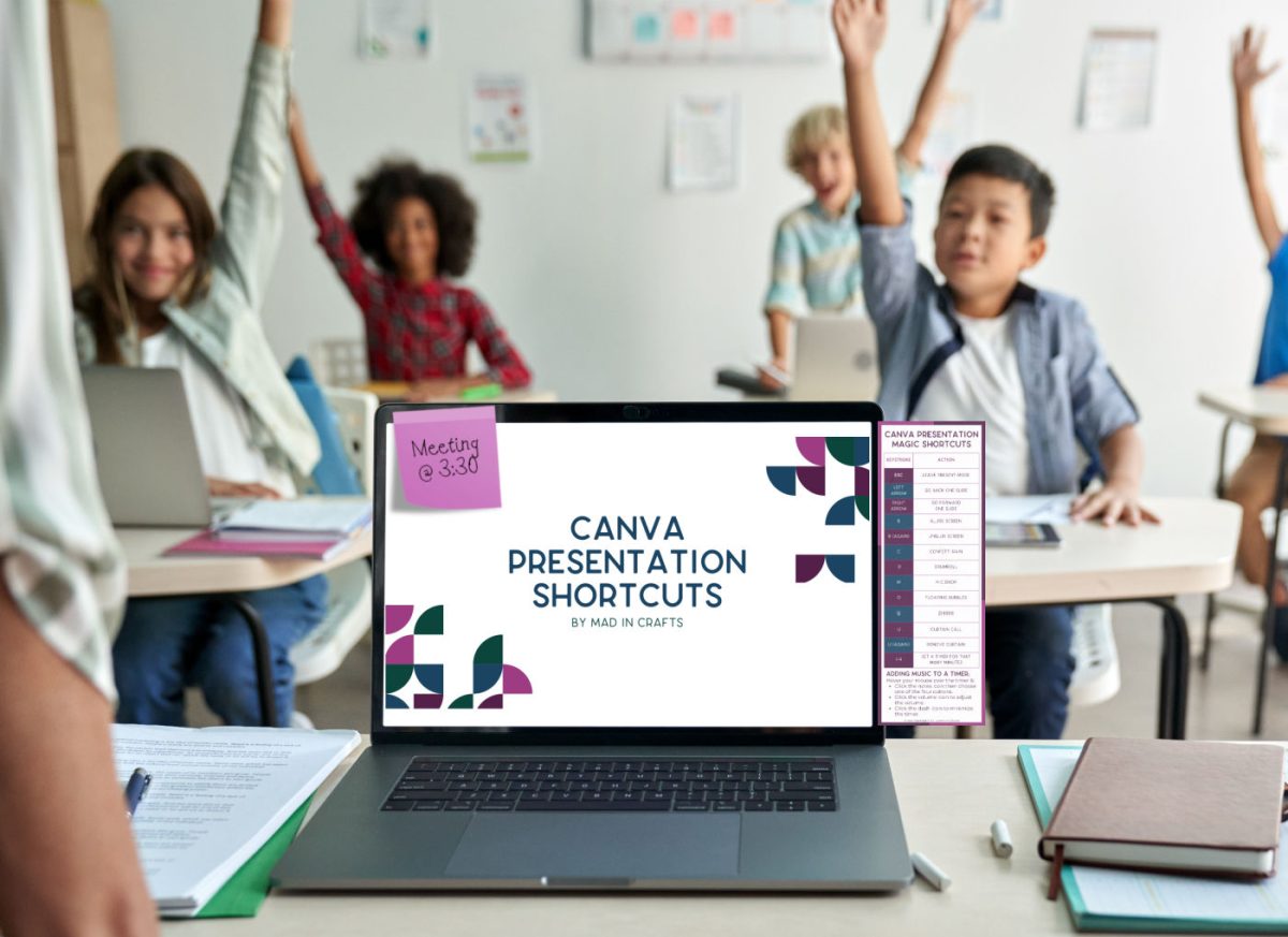 Canva presentation animation cheat sheet on a laptop at the front of a classroom