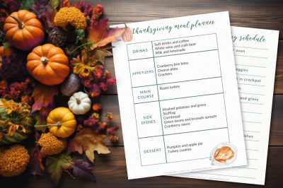 Two Thanksgiving planner sheets on a wood background near fall leaves and pumpkins