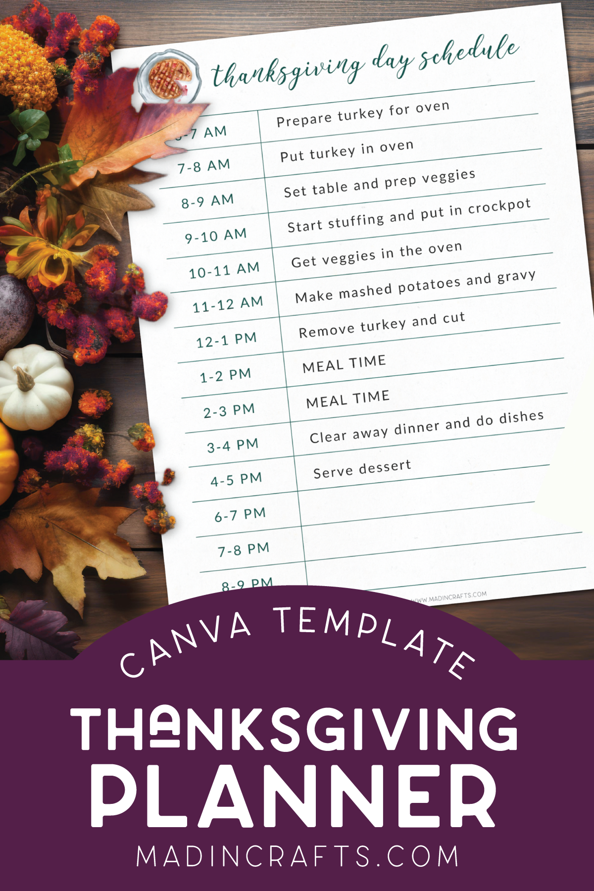 Thanksgiving planner sheet on a wood background near fall leaves and pumpkins