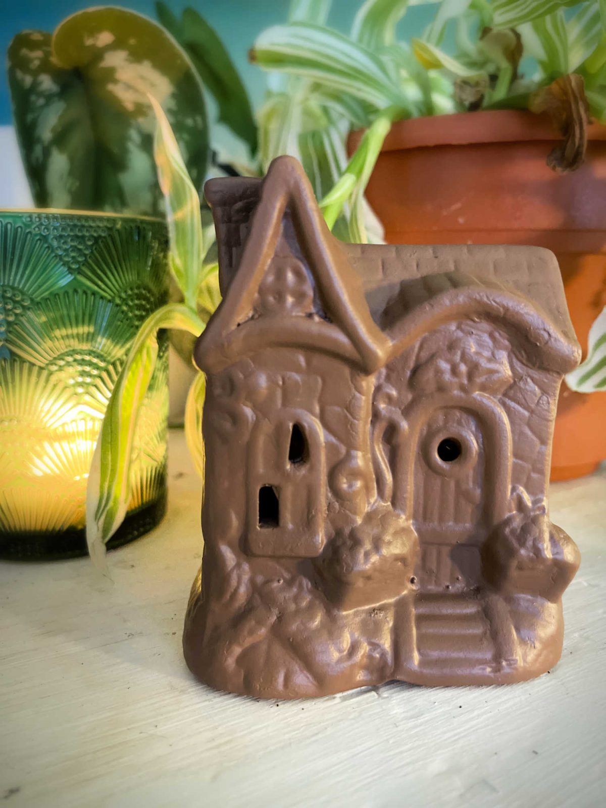dollar store fairy house painted brown