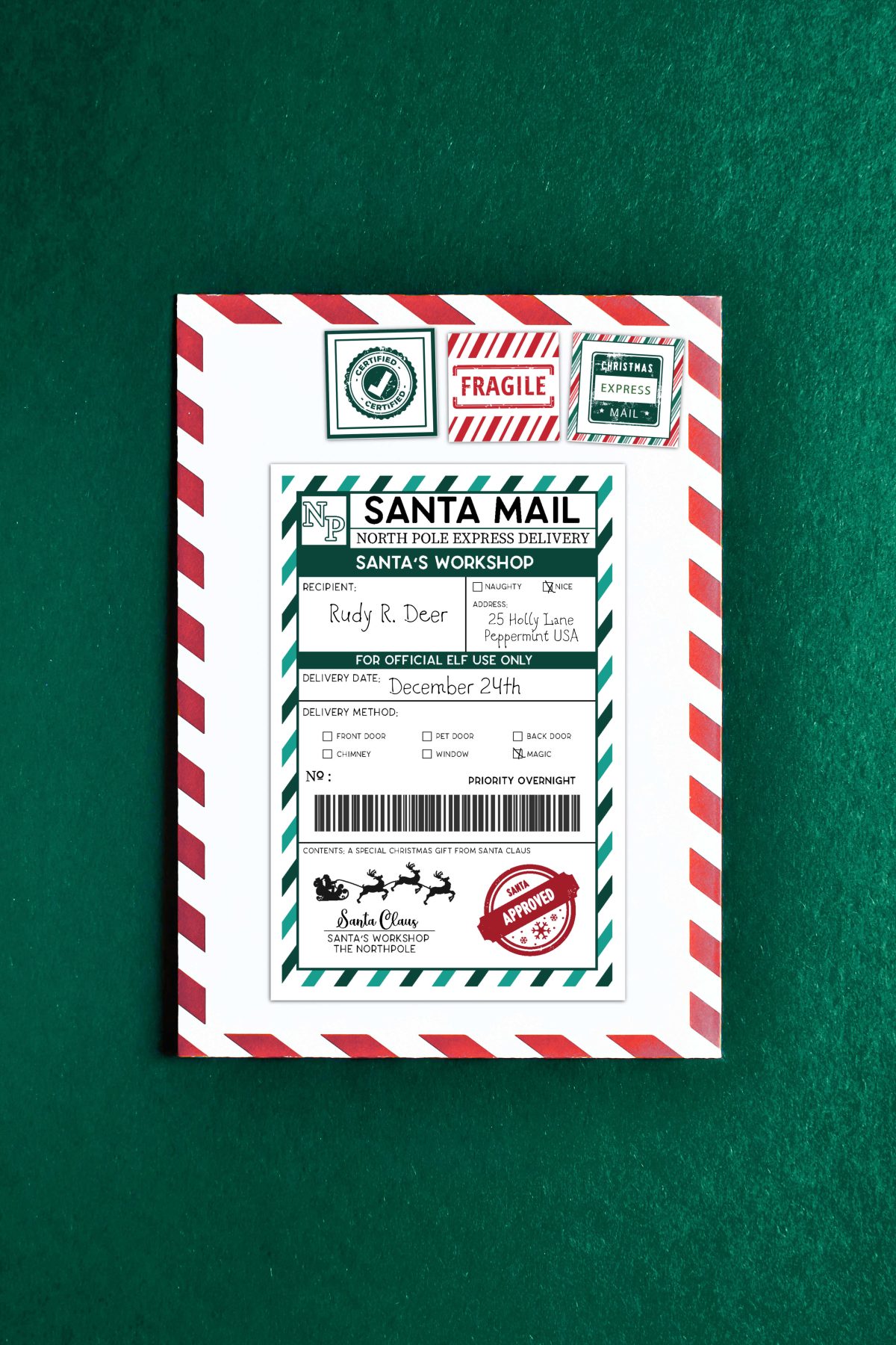 Christmas envelopes with North Pole shipping label and stamps