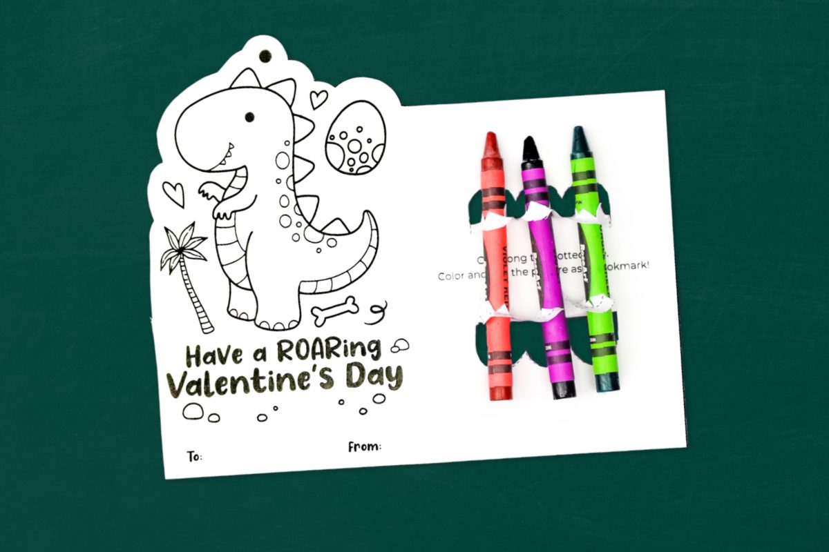 uncolored printable dinosaur valentine with crayons
