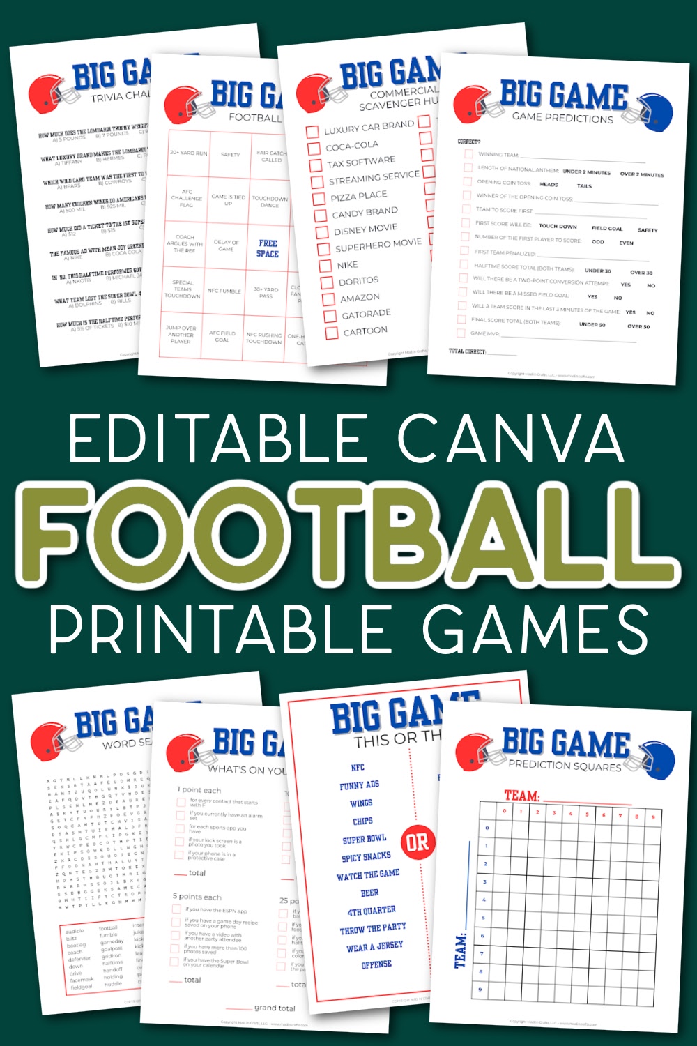 Collage of printable football games on a green background