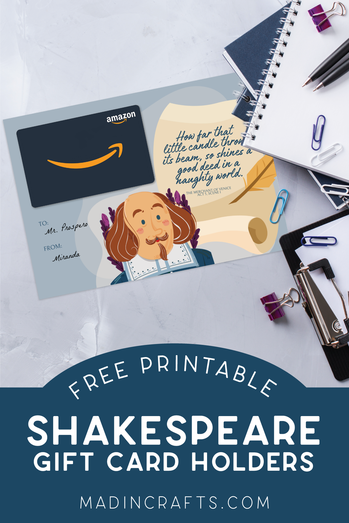 Printable Shakespeare gift card holder near office supplies