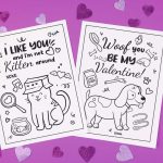 two pet coloring page valentine cards surrounded by glitter hearts