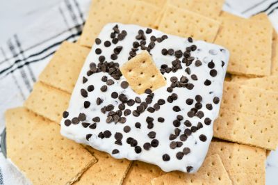 A square bowl of booty dip surrounded by graham crackers