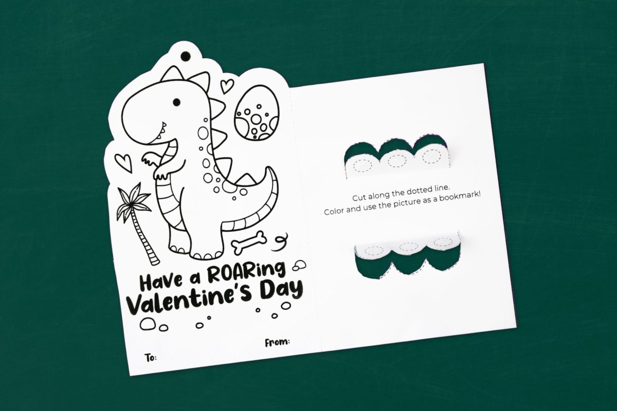 printable dinosaur valentine that can hold three crayons