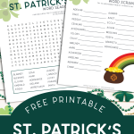 two printable St. Patrick's Day games on a white background with shamrock decorations