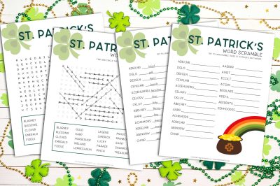 two printable St. Patrick's Day games and answer keys on a white background with shamrock decorations