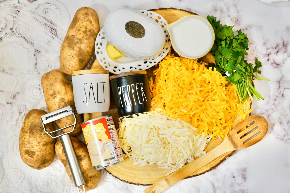 cheesy potato ingredient flat lay