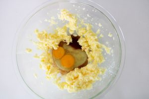 eggs and creamed butter and sugar in a glass bowl