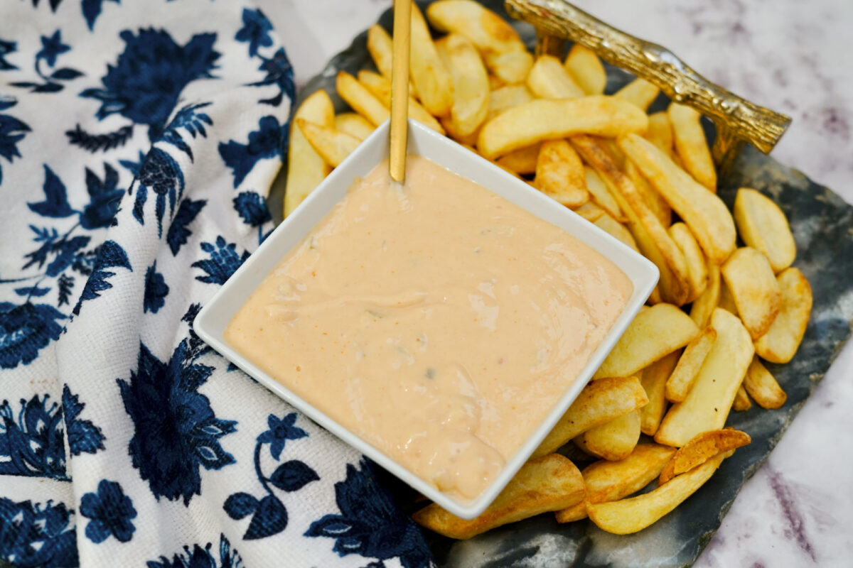 bowl of homemade in-n-out sauce near french fries