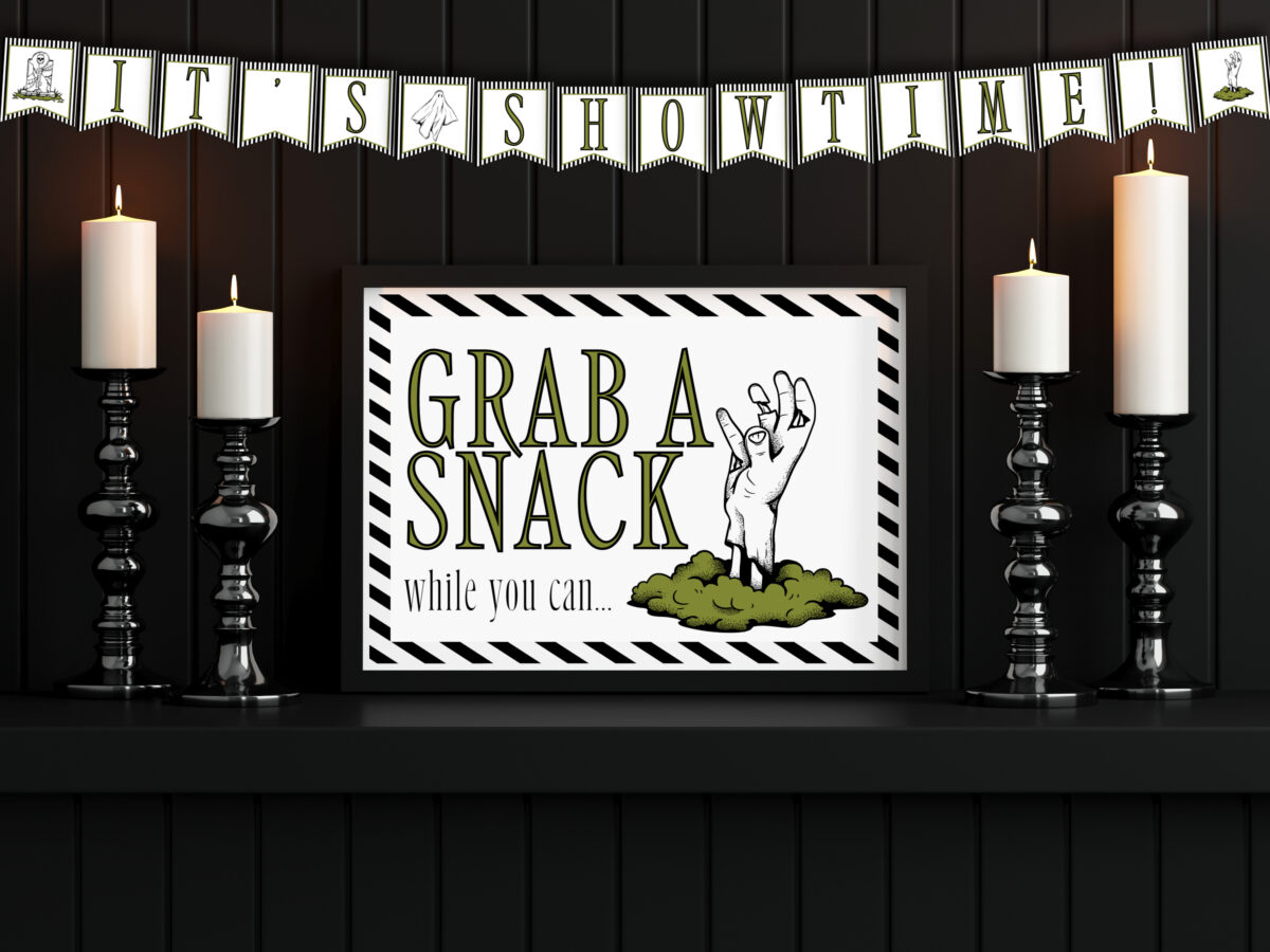 printable Beetlejuice sign and bunting on a mantel