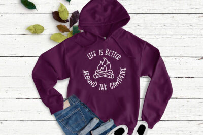 Life is Better Around the Campfire SVG on a burgundy sweatshirt