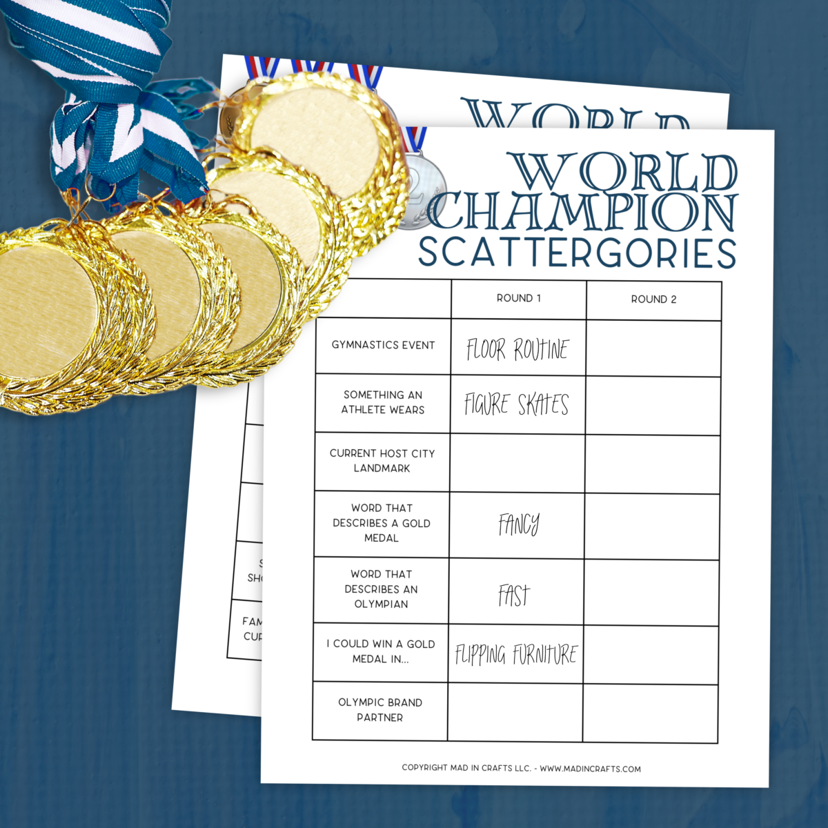 two printable olympic scattergories games near gold medals