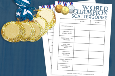 two printable olympic scattergories games on a blue background