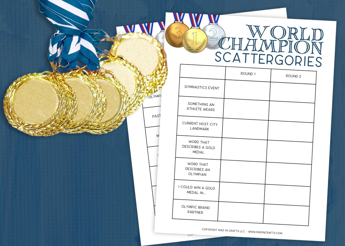 two printable olympic scattergories games on a blue background