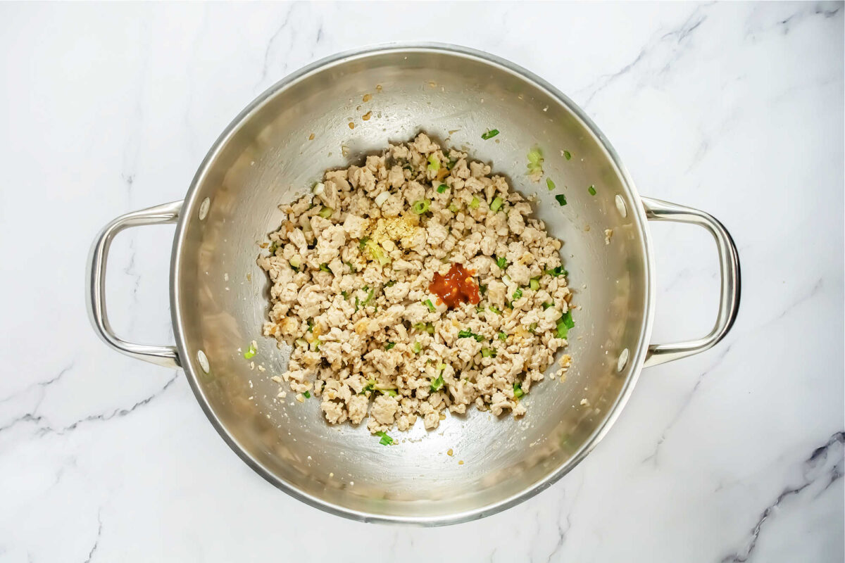 top view of cooked ground turkey in a wok