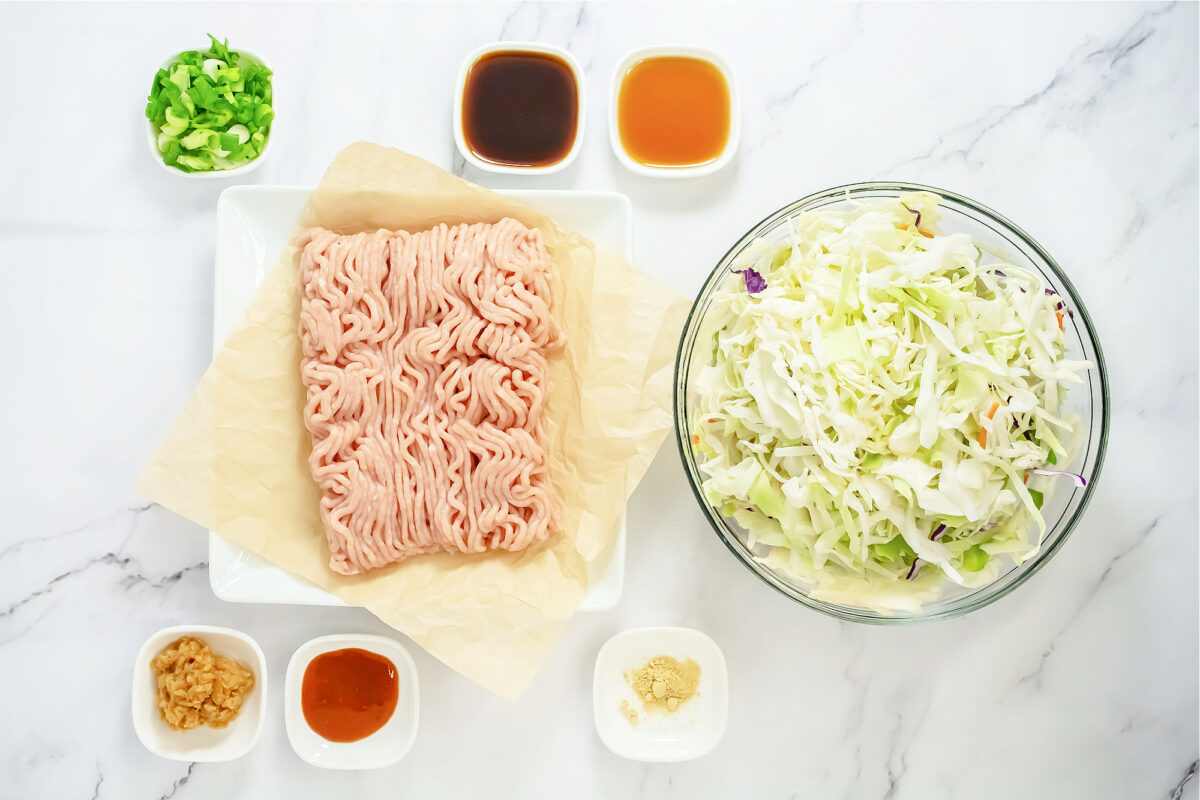 flat lay of egg roll in a bowl ingredients