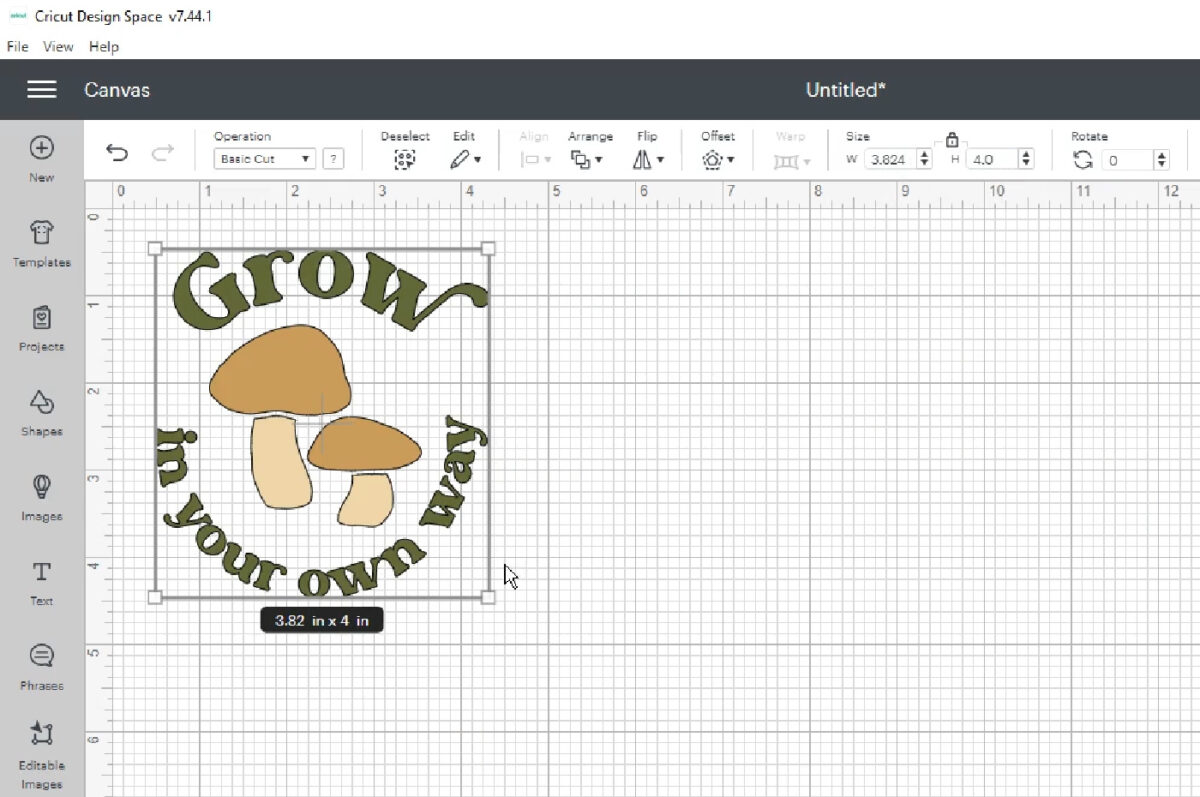 screenshot of resizing an SVG in Cricut Design Space