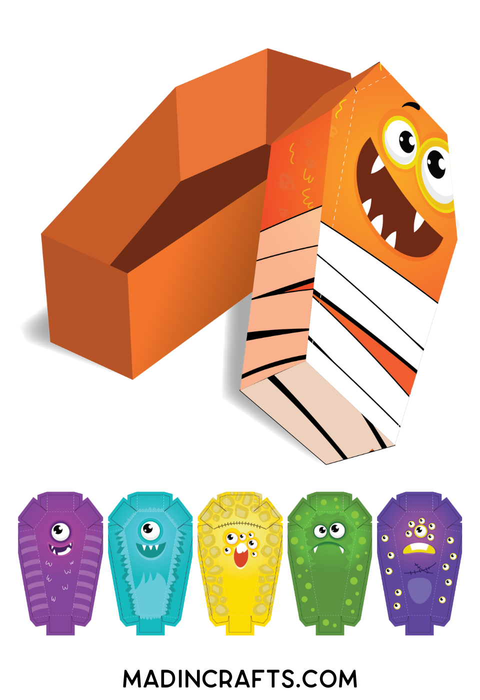 graphic showing multiple monster favor box designs