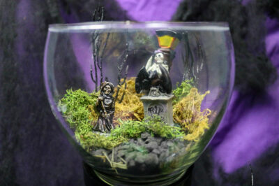 details of a dollar store halloween fairy garden