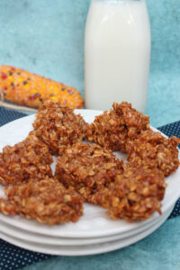 close up pumpkin no bakes on a white plate near a bottle of milk