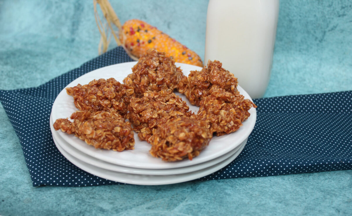 side view of pumpkin no bakes on a white plate near a bottle of milk