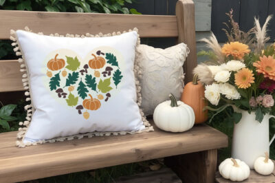 fall heart design on a white pillow sitting on an outdoor bench near pumpkins and mums