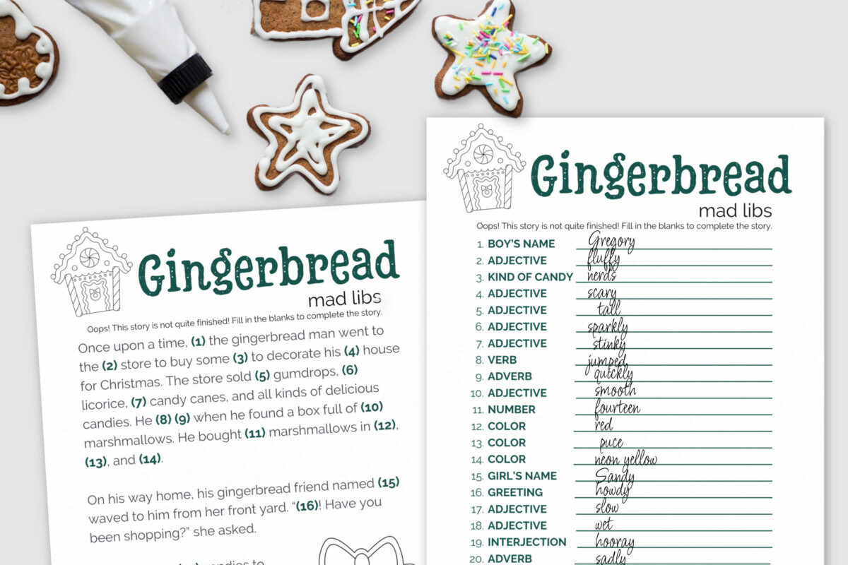 Printed mad lib sheets near gingerbread cookies