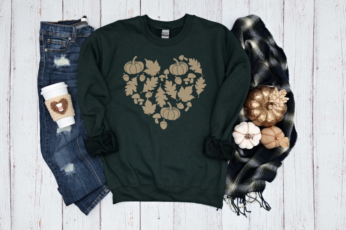 Green sweat shirt with fall heart design near pumpkins