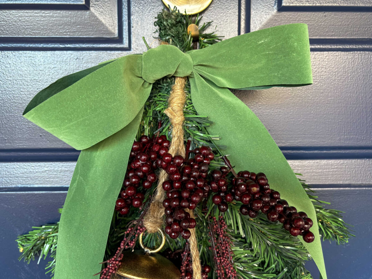 closeup of green bow made from flocked ribbon