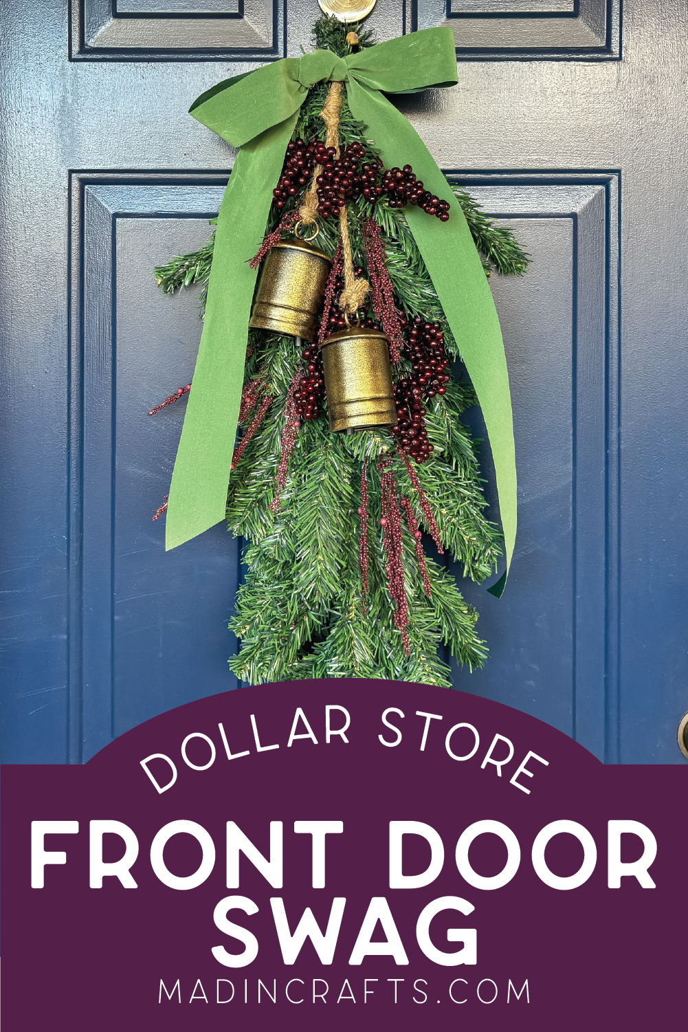 homemade Christmas swag on a blue door