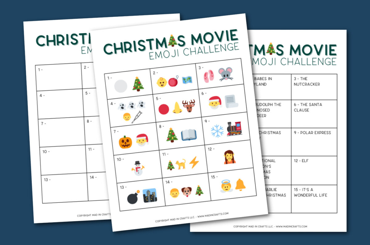 three Christmas game printables on a blue background