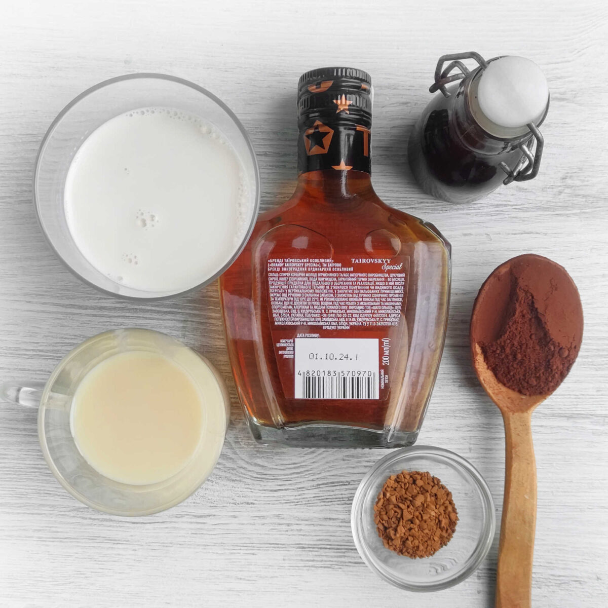 flat lay of ingredients for homemade irish cream