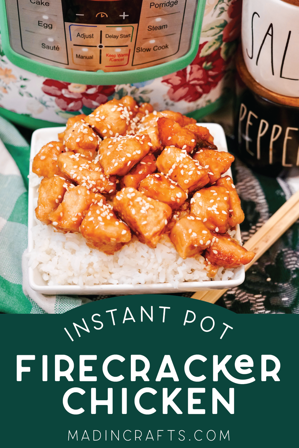 a plated serving of firecracker chicken near an instant pot